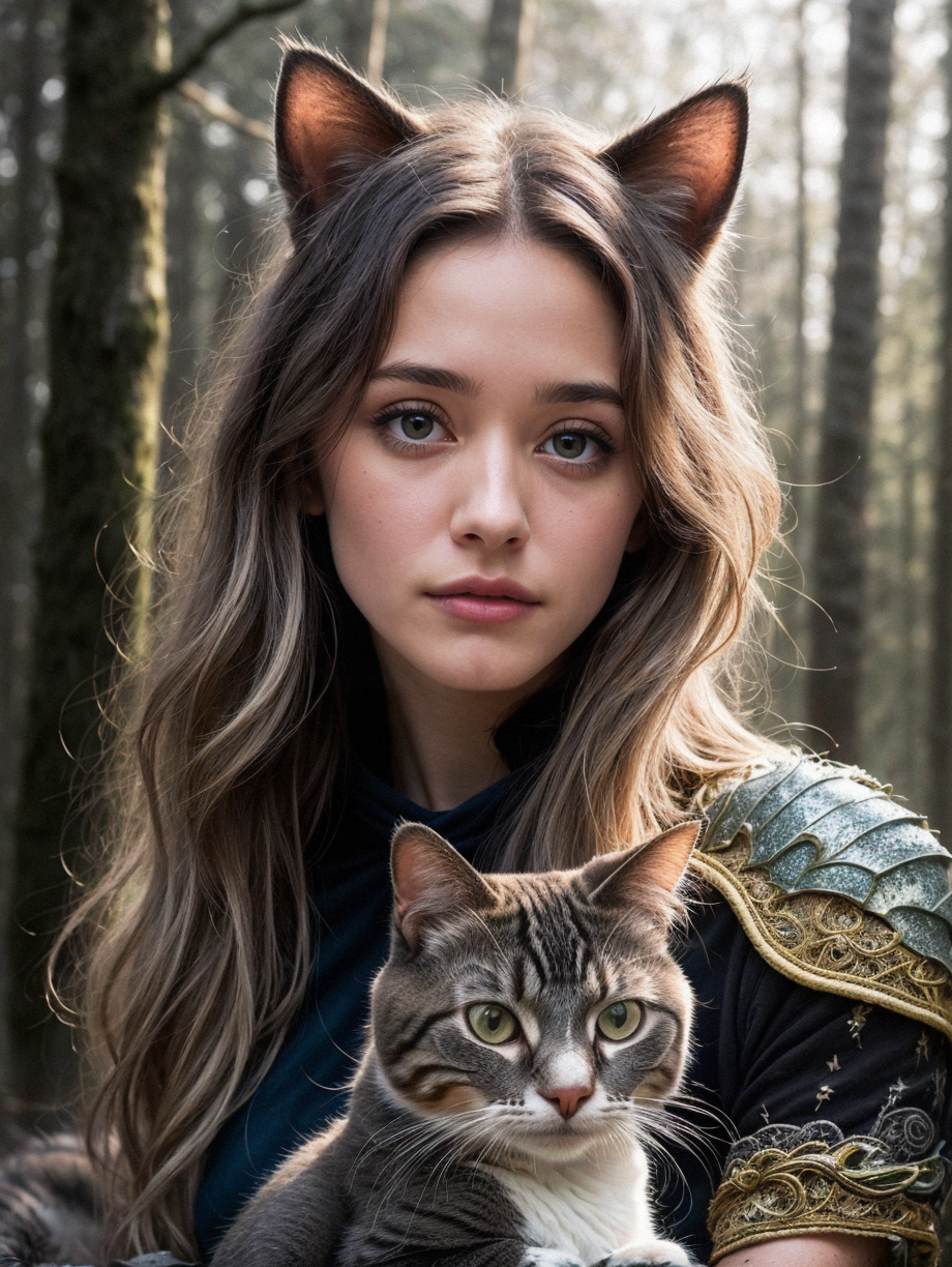 00752-1709831004-girl holding cat, cat ears, Emmy Rossum, chibi, blue, gold, white, purpple, dragon scaly armor, forest background, fantasy style.png